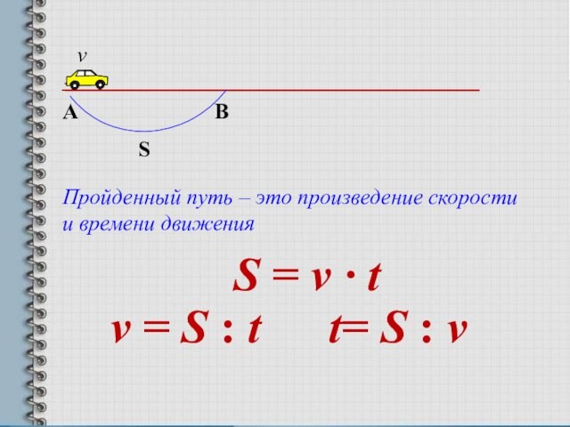 ABSvПройденный путь – это произведение скорости и времени движенияS = v · tv = S