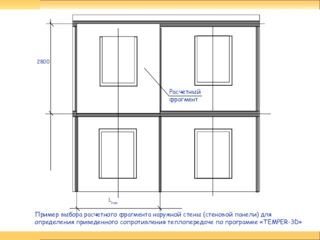 Расчетный фрагментLпан2800Пример выбора расчетного фрагмента наружной стены (стеновой панели) для определения приведенного сопротивления теплопередаче по программе