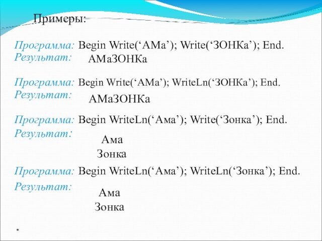 Примеры:Программа: Begin Write(‘АМа’); Write(‘ЗОНКа’); End.Результат:Программа: Begin Write(‘АМа’); WriteLn(‘ЗОНКа’); End.Результат: Программа: Begin WriteLn(‘Ама’); Write(‘Зонка’);