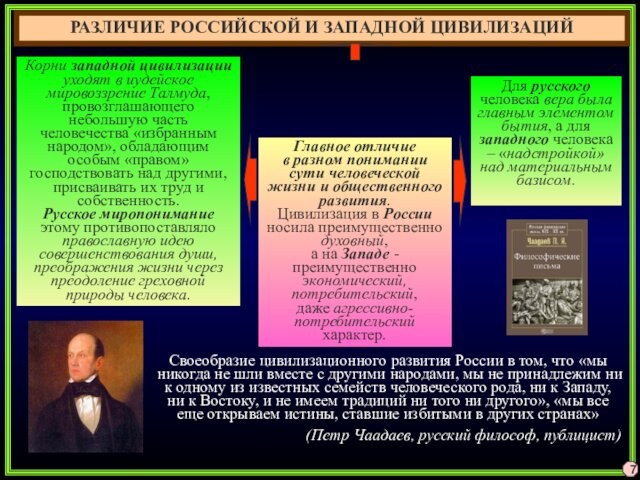 7Своеобразие цивилизационного развития России в том, что «мы никогда не шли вместе с другими народами,