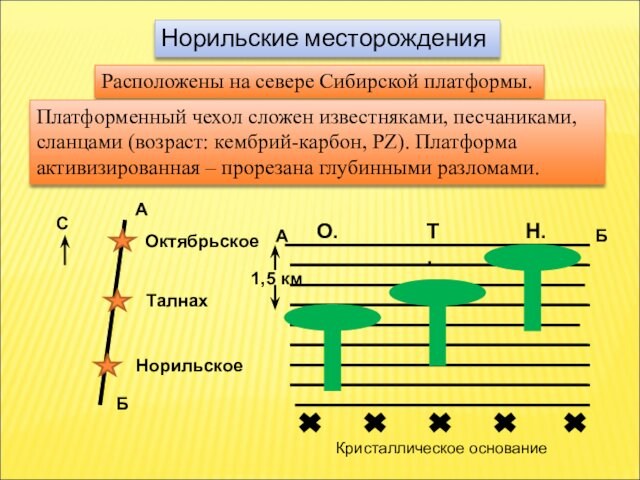 Норильские месторожденияРасположены на севере Сибирской платформы.Платформенный чехол сложен известняками, песчаниками, сланцами (возраст: кембрий-карбон, PZ). Платформа