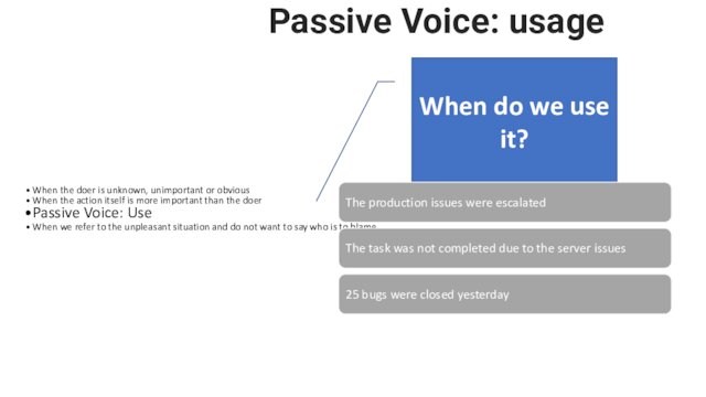 Passive Voice: usage01When the doer is unknown, unimportant or obviousWhen the action itself is more