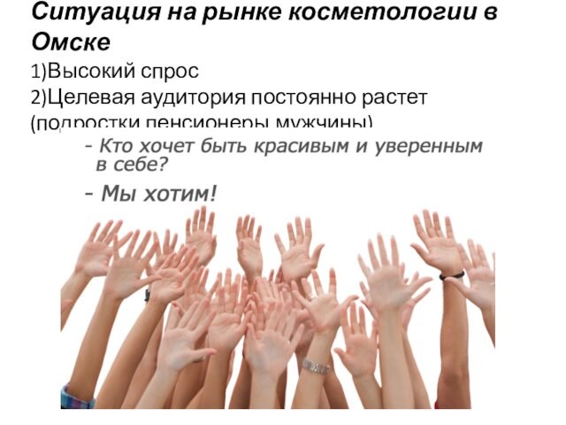 Ситуация на рынке косметологии в Омске 1)Высокий спрос  2)Целевая аудитория постоянно растет (подростки,пенсионеры,мужчины)