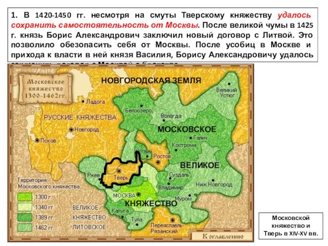 1. В 1420-1450 гг. несмотря на смуты Тверскому княжеству удалось сохранить самостоятельность от Москвы. После