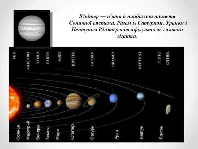 Юпітер — п'ята й найбільша планета Сонячної системи. Разом із Сатурном, Ураном і Нептуном Юпітер класифікують