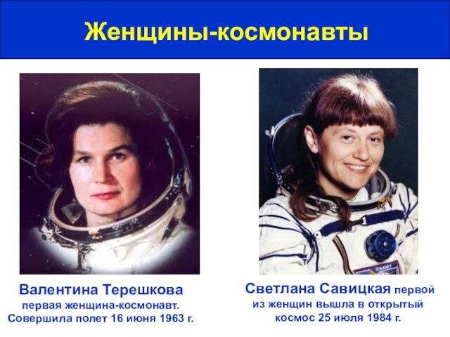 Женщины-космонавтыВалентина Терешкова первая женщина-космонавт. Совершила полет 16 июня 1963 г.Светлана Савицкая первой из женщин вышла