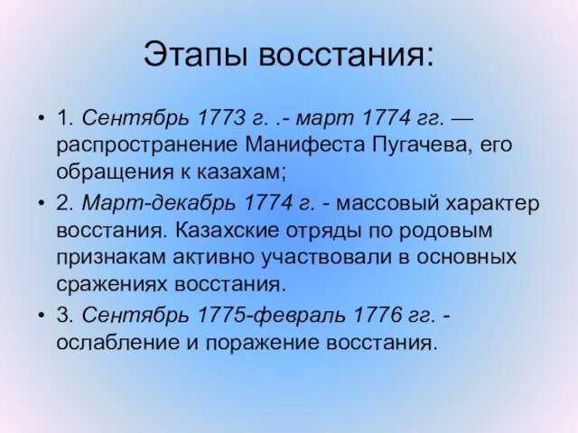 Этапы восстания: 1. Сентябрь 1773 г. .- март 1774 гг. — распространение Манифеста Пугачева, его