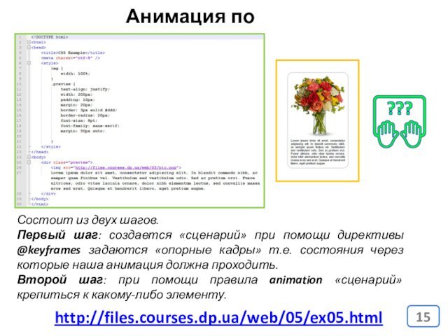Анимация по «сценарию»http://files.courses.dp.ua/web/05/ex05.htmlСостоит из двух шагов. Первый шаг: создается «сценарий» при помощи директивы @keyframes задаются
