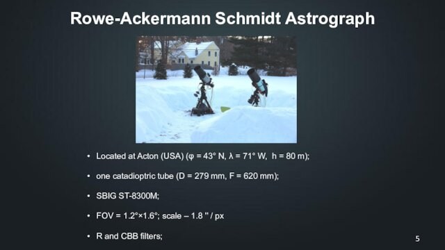 Rowe-Ackermann Schmidt AstrographLocated at Acton (USA) (φ = 43° N, λ = 71° W, h