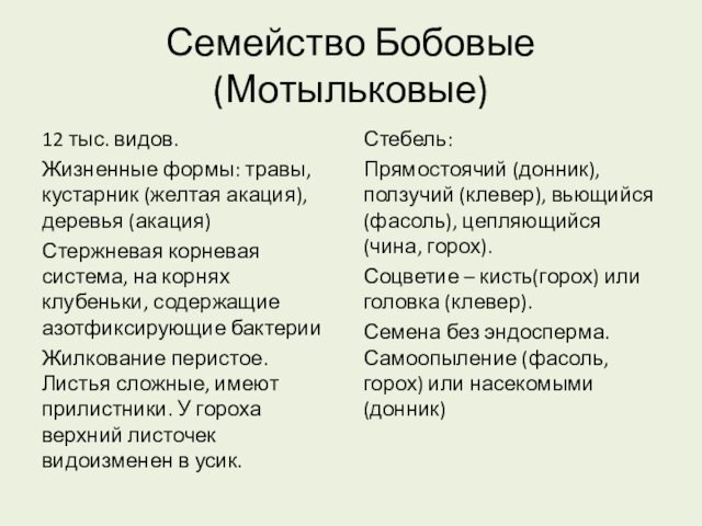 Семейство Бобовые (Мотыльковые)12 тыс. видов. Жизненные формы: травы, кустарник (желтая акация), деревья (акация)Стержневая корневая система,