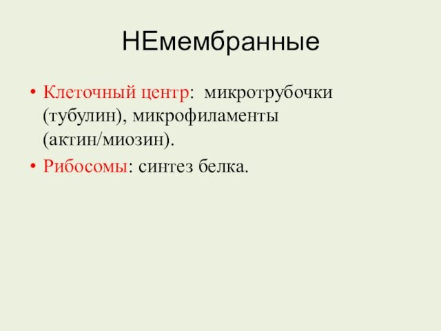 НЕмембранныеКлеточный центр: микротрубочки (тубулин), микрофиламенты (актин/миозин). Рибосомы: синтез белка.