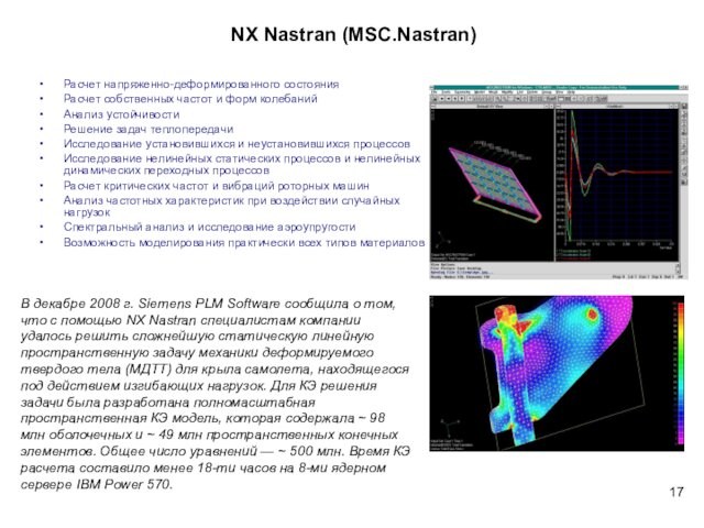 NX Nastran (MSC.Nastran)Расчет напряженно-деформированного состояния Расчет собственных частот и форм колебаний Анализ устойчивостиРешение задач теплопередачиИсследование