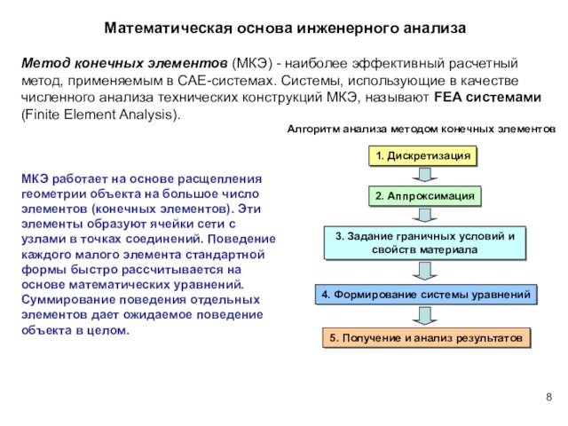 Математическая основа инженерного анализаМКЭ работает на основе расщепления геометрии объекта на большое число элементов (конечных