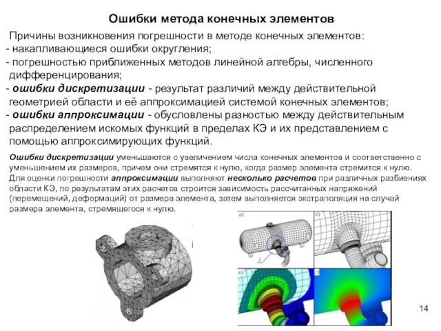 Ошибки метода конечных элементовПричины возникновения погрешности в методе конечных элементов: накапливающиеся ошибки округления; погрешностью приближенных