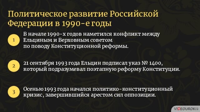 Политическое развитие Российской Федерации в 1990-е годыВ начале 1990-х годов наметился конфликт между Ельциным и