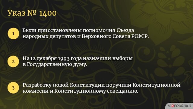 Указ № 1400Были приостановлены полномочия Съезда народных депутатов и Верховного Совета РСФСР.123На 12 декабря 1993