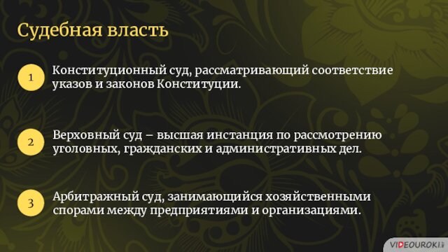 Судебная властьКонституционный суд, рассматривающий соответствие указов и законов Конституции.123Верховный суд – высшая инстанция по рассмотрению