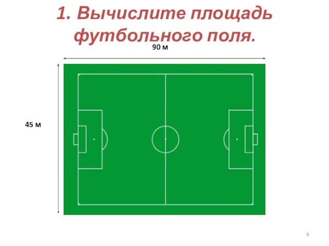 1. Вычислите площадь футбольного поля.45 м90 м