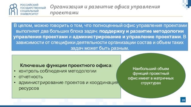 Организация и развитие офиса управления проектамиКлючевые функции проектного офиса:контроль соблюдения методологииотчетностьадминистрирование проектов и координация ресурсовВ