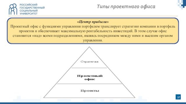 «Центр прибыли» Проектный офис с функциями управления портфелем транслирует стратегию компании в портфель проектов и обеспечивает максимальную рентабельность