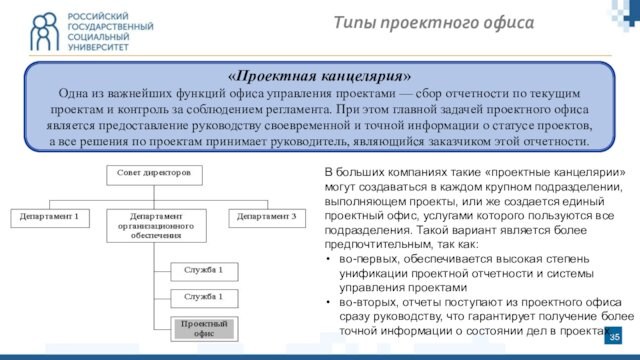 «Проектная канцелярия» Одна из важнейших функций офиса управления проектами — сбор отчетности по текущим проектам и контроль