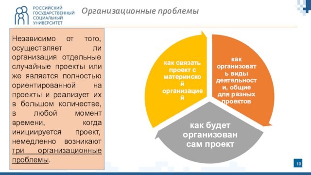 Организационные проблемыНезависимо от того, осуществляет ли организация отдельные случайные проекты или же является полностью ориентированной