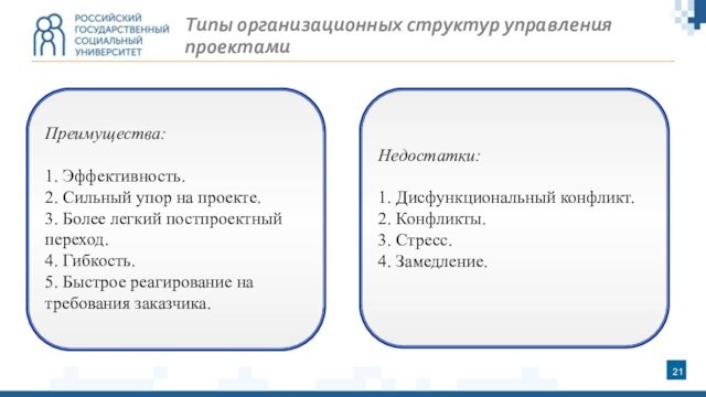 Типы организационных структур управления проектамиПреимущества:1. Эффективность.2. Сильный упор на проекте. 3. Более легкий постпроектный переход.