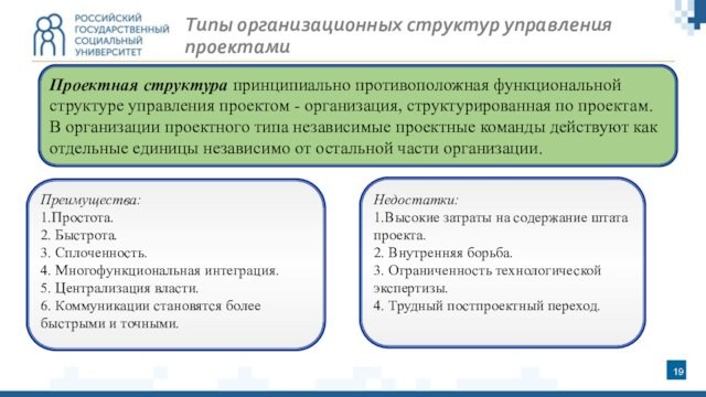 Проектная структура принципиально противоположная функциональной структуре управления проектом - организация, структурированная по проектам. В организации