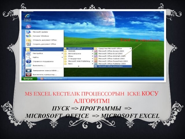 MS EXCEL КЕСТЕЛІК ПРОЦЕССОРЫН ІСКЕ КОСУ АЛГОРИТМІ
 ПУСК => ПРОГРАММЫ =>
 MICROSOFT OFFICE => MICROSOFT