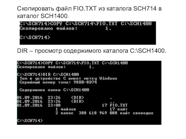 Скопировать файл FIO.TXT из каталога SCH714 в каталог SCH1400. DIR – просмотр содержимого каталога C:\SCH1400.