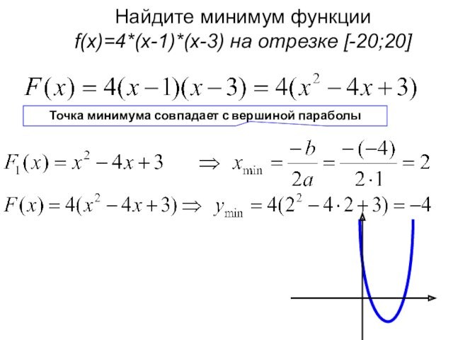 Найдите минимум функции  f(x)=4*(x-1)*(x-3) на отрезке [-20;20]   Точка минимума совпадает с вершиной