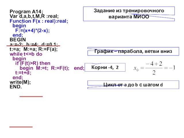 Program A14; Var d,a,b,t,M,R :real;Function F(x : real):real;  begin   F:=(x+4)*(2-x);  end;