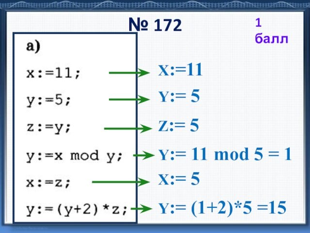 № 172 X:=11 Y:= 5 Z:= 5 Y:= 11 mod 5 = 1 X:= 5