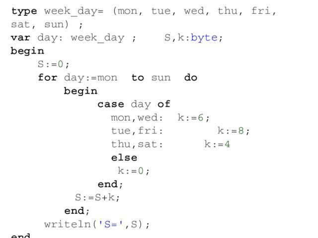 type week_day= (mon, tue, wed, thu, fri, sat, sun) ;var day: week_day