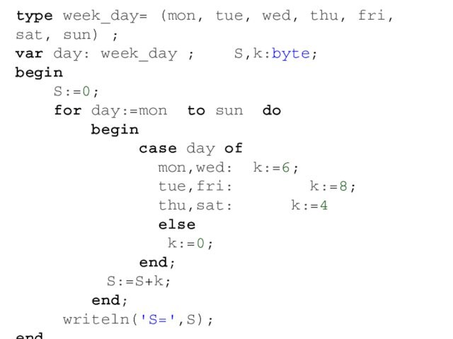 type week_day= (mon, tue, wed, thu, fri, sat, sun) ;var day: week_day ; S,k:byte;begin S:=0;