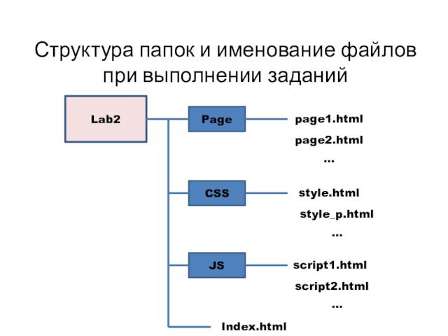 Lab2Структура папок и именование файлов при выполнении заданийPageIndex.htmlpage1.htmlpage2.html…CSSstyle.htmlstyle_p.html…JSscript1.htmlscript2.html…