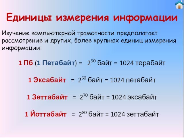 Единицы измерения информации1 Пб (1 Петабайт) =   250 байт = 1024 терабайт1