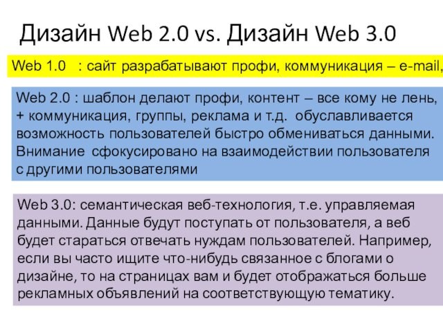 Дизайн Web 2.0 vs. Дизайн Web 3.0Web 1.0 : сайт разрабатывают профи, коммуникация – e-mail,