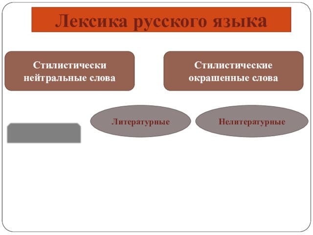 Лексика русского языкаСтилистически нейтральные словаСтилистические окрашенные словаЛитературныеНелитературныеКнижныеРазговорныеПросторечныеЖаргонныеДиалектные