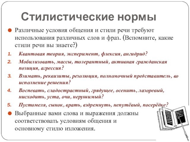 Стилистические нормыРазличные условия общения и стили речи требуют использования различных слов и фраз. (Вспомните, какие