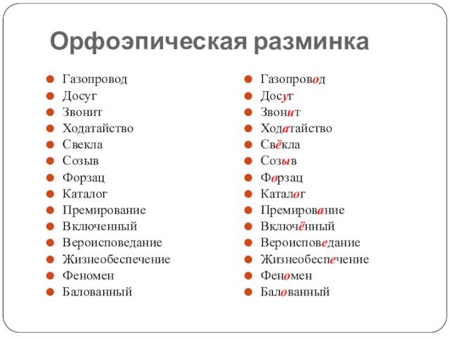 Орфоэпическая разминкаГазопроводДосугЗвонитХодатайствоСвеклаСозывФорзацКаталогПремированиеВключенныйВероисповеданиеЖизнеобеспечениеФеноменБалованныйГазопроводДосугЗвонитХодатайствоСвёклаСозывФорзацКаталогПремированиеВключённыйВероисповеданиеЖизнеобеспечениеФеноменБалованный