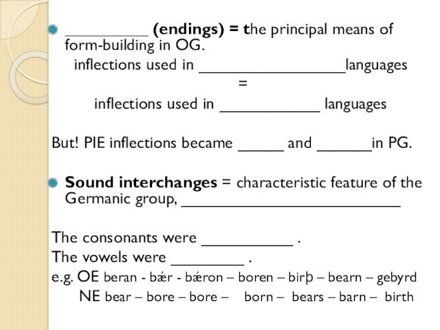 __________ (endings) = the principal means of form-building in OG. inflections used in ________________languages =inflections