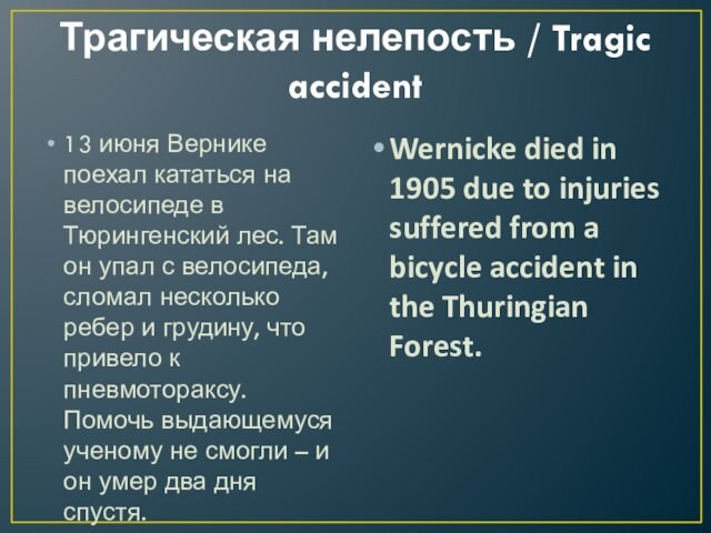 Трагическая нелепость / Tragic accident13 июня Вернике поехал кататься на велосипеде в Тюрингенский лес. Там