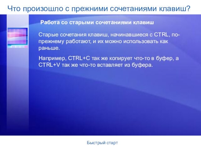 Быстрый стартСтарые сочетания клавиш, начинавшиеся с CTRL, по-прежнему работают, и их можно использовать как раньше.