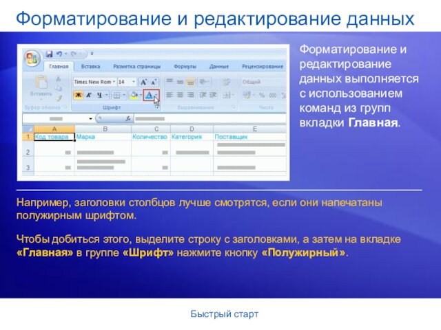 Быстрый стартФорматирование и редактирование данныхФорматирование и редактирование данных выполняется с использованием команд из групп вкладки