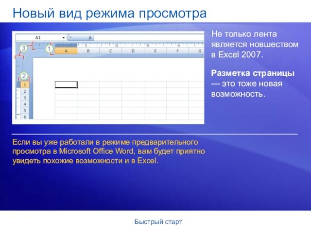 Быстрый стартНовый вид режима просмотраНе только лента является новшеством в Excel 2007. Разметка страницы —