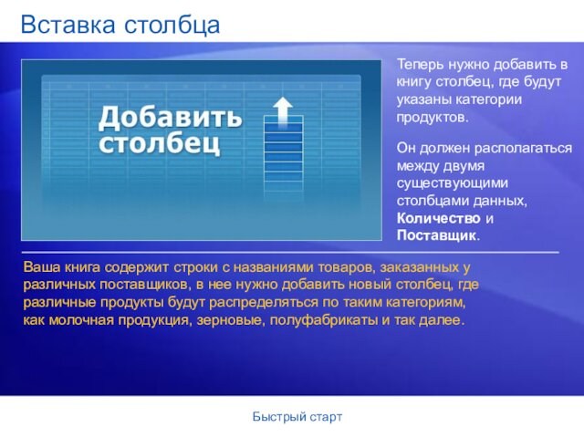 Быстрый стартВставка столбцаТеперь нужно добавить в книгу столбец, где будут указаны категории продуктов. Он должен