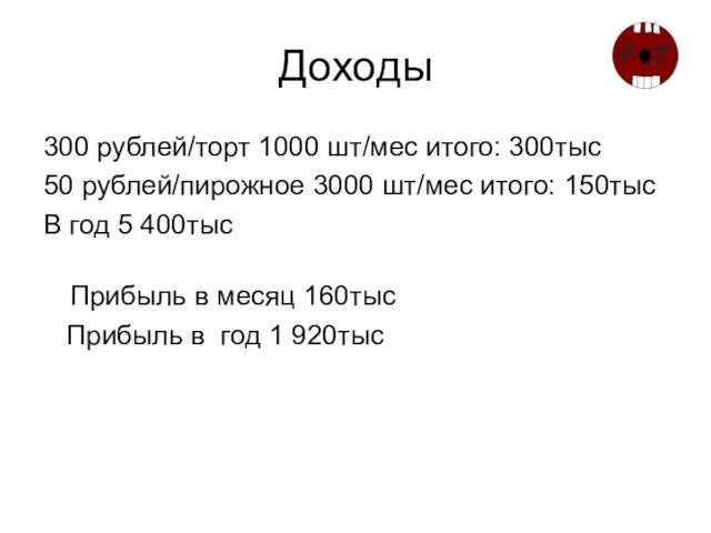 Доходы300 рублей/торт 1000 шт/мес итого: 300тыс50 рублей/пирожное 3000 шт/мес итого: 150тысВ год 5 400тыс