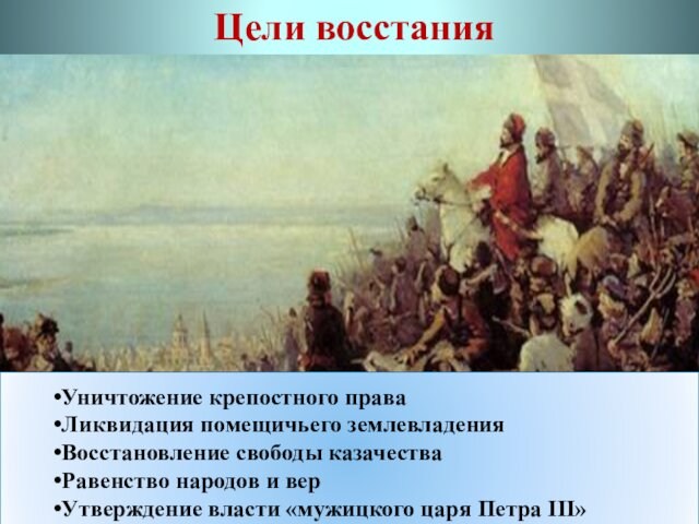 Цели восстанияУничтожение крепостного праваЛиквидация помещичьего землевладенияВосстановление свободы казачестваРавенство народов и верУтверждение власти «мужицкого царя