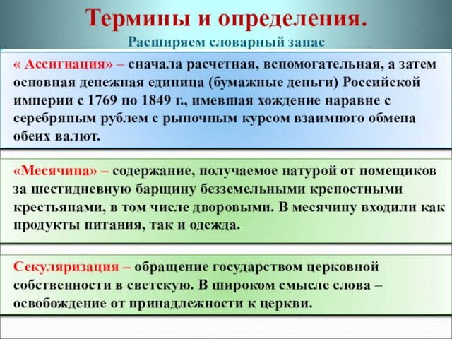 Термины и определения.Расширяем словарный запас« Ассигнация» – сначала расчетная, вспомогательная, а затем основная денежная единица